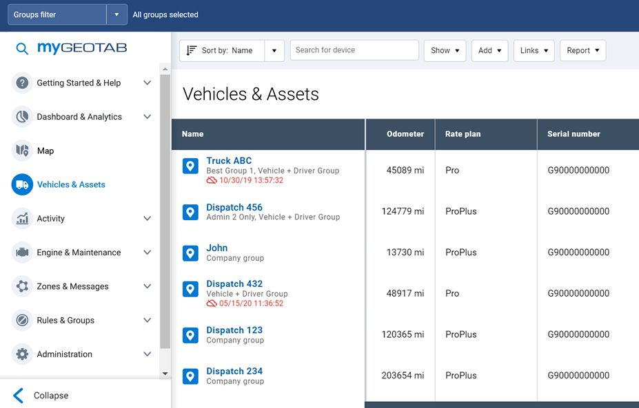 A sample page from MyGeotab software in desktop view.