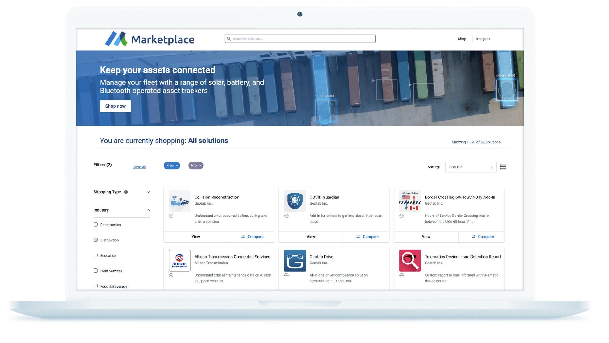 A laptop displaying a selection of products available on the Geotab Marketplace.