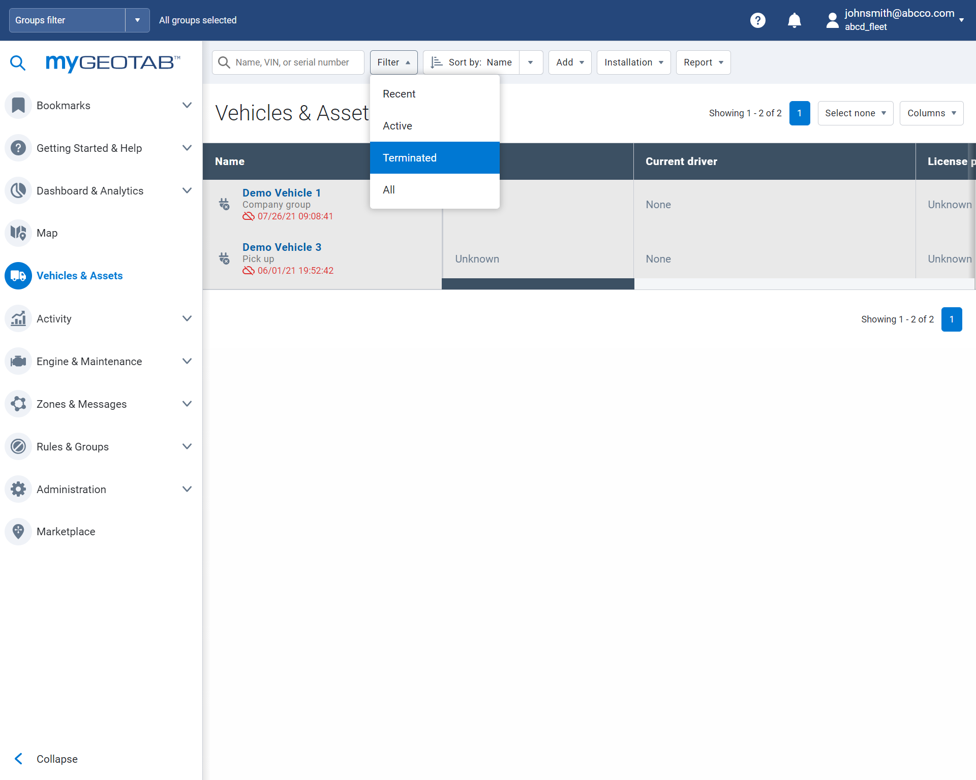 Vehicle and Assets Page