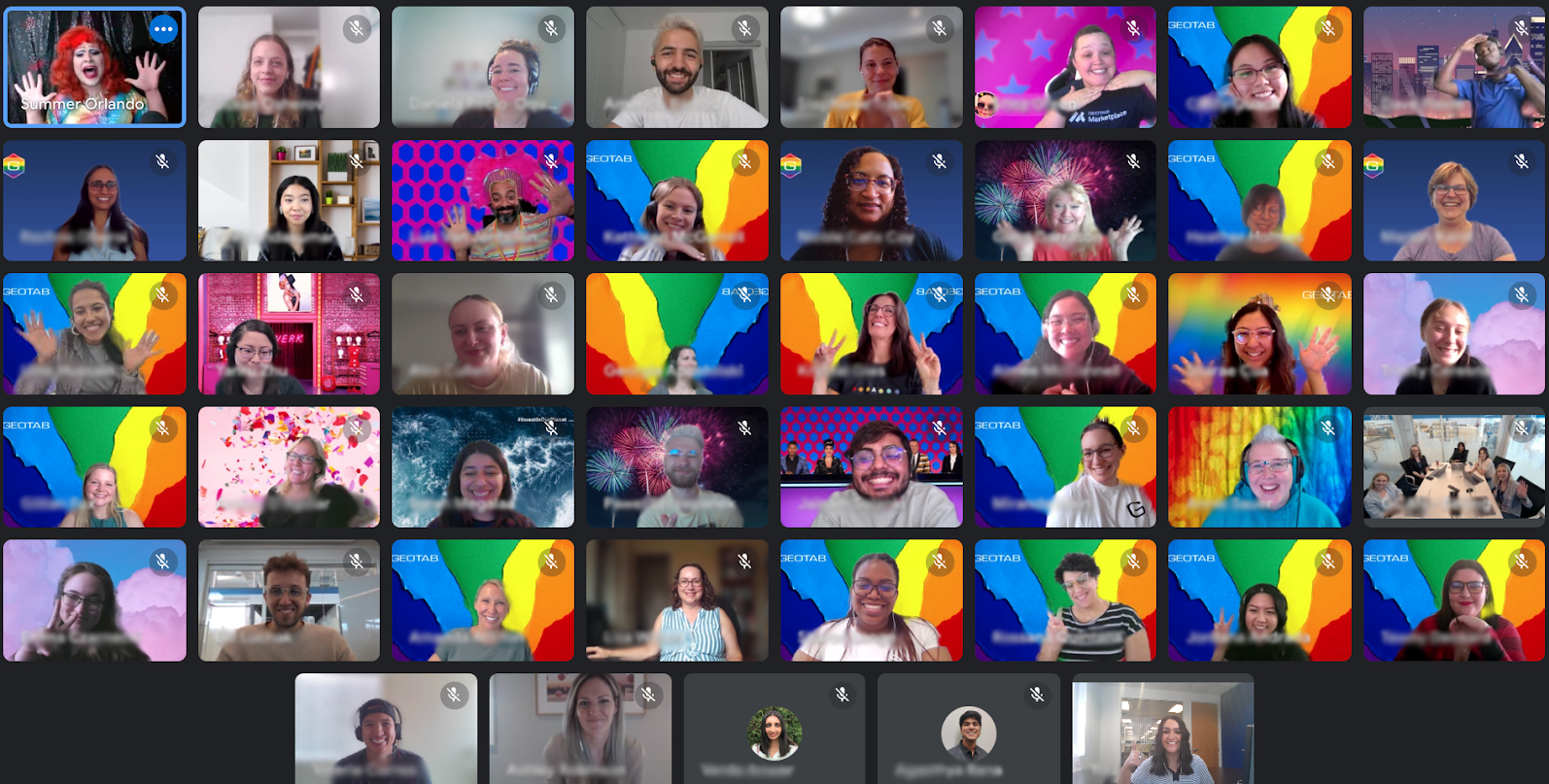 A screen capture of dozens of Geotabbers in a virtual meeting, many of whom are dressed in rainbow colors or using Pride-themed backgrounds to show their support for Pride Month.