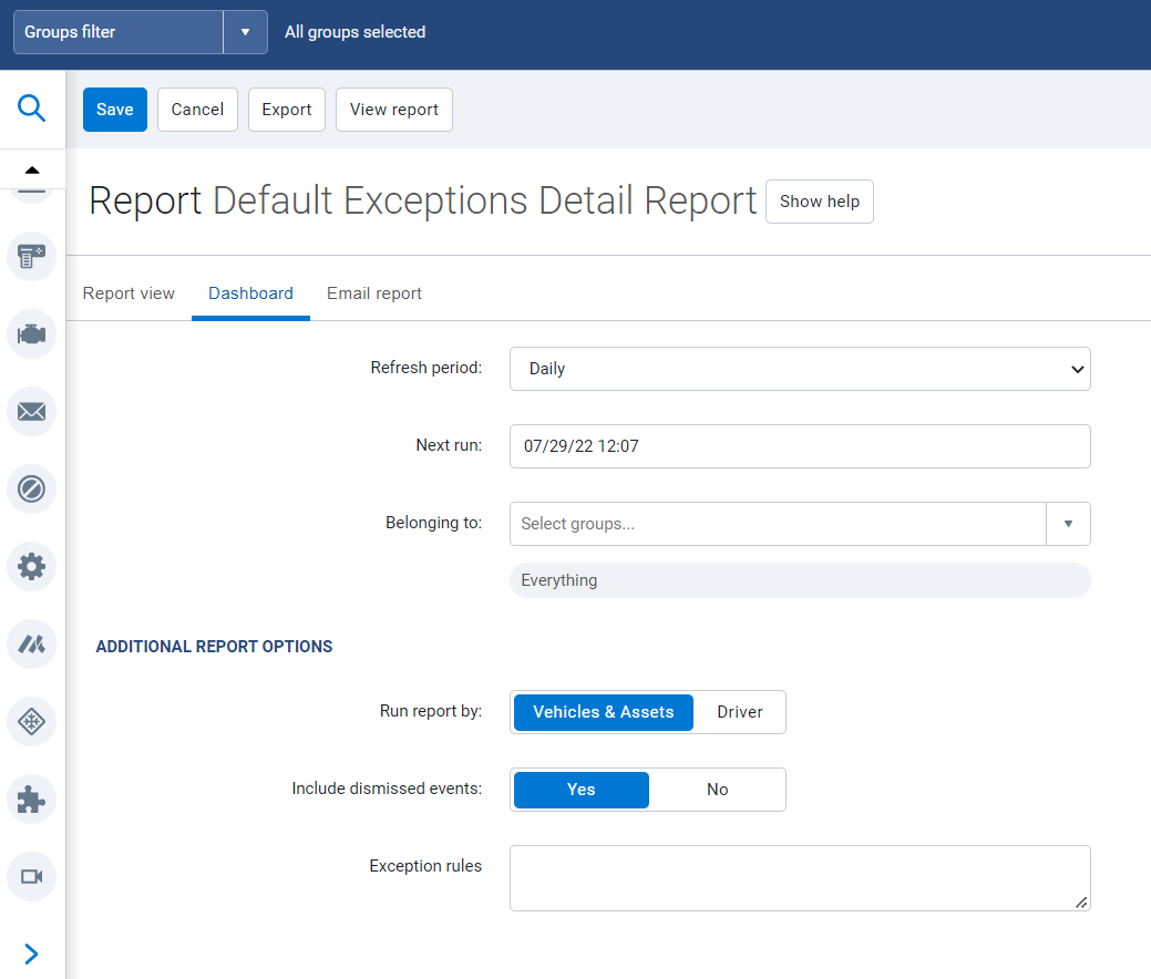 Default Exceptions Detail report - Include dismissed events toggle