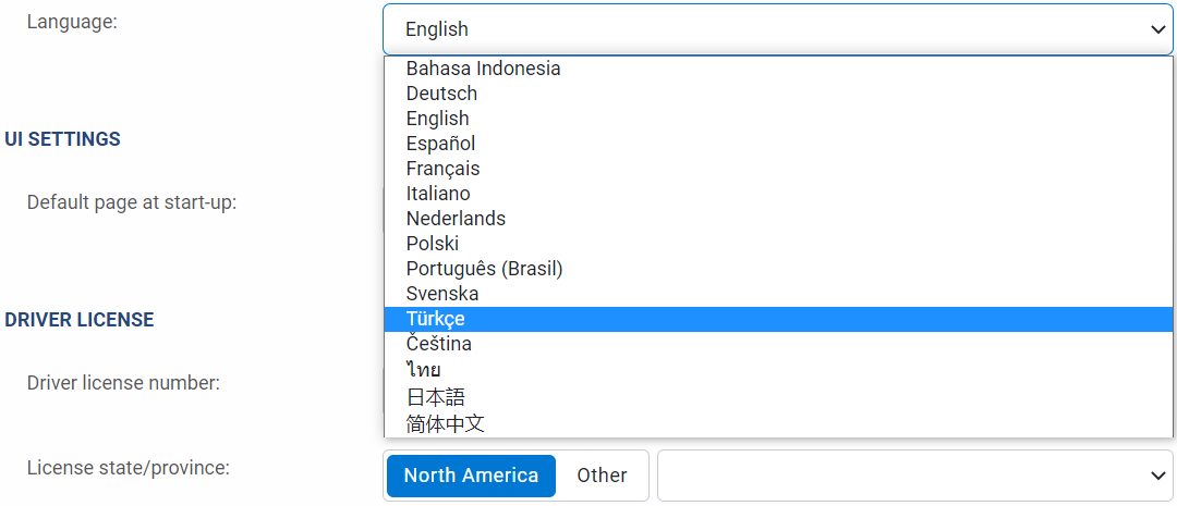 Options page - Turkish language