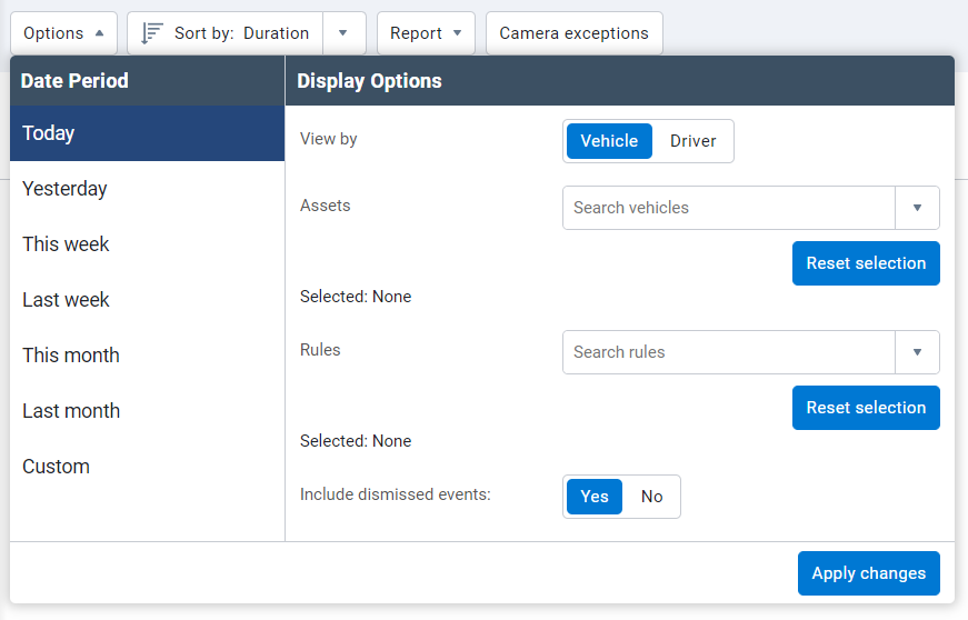 Include dismissed events toggle - Options menu under exceptions