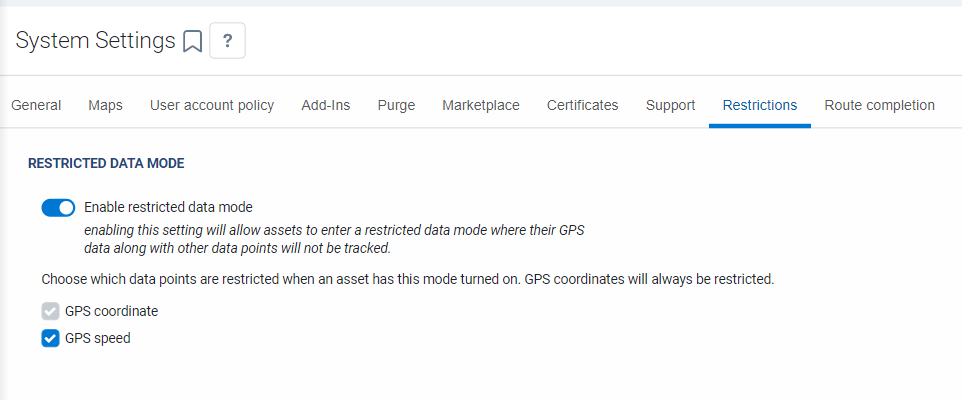 System Settings page - Enable restricted data mode