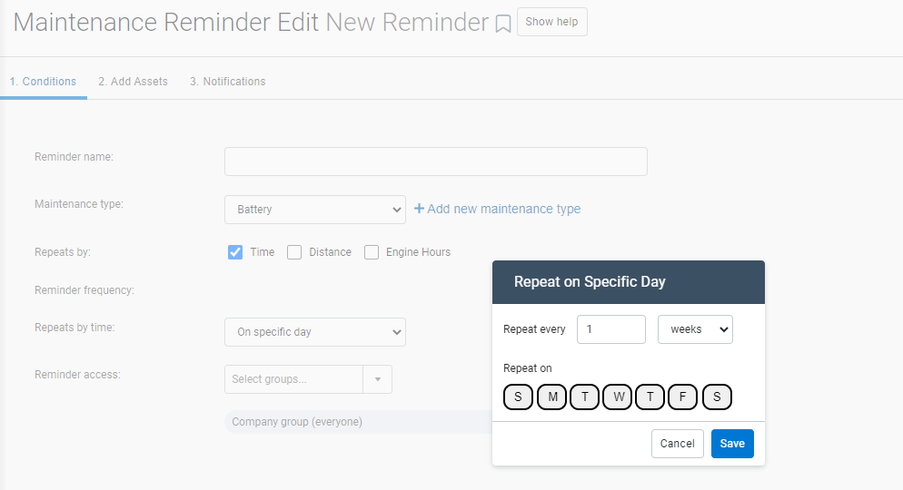 Maintenance Reminder Edit page - Repeat on days of the week
