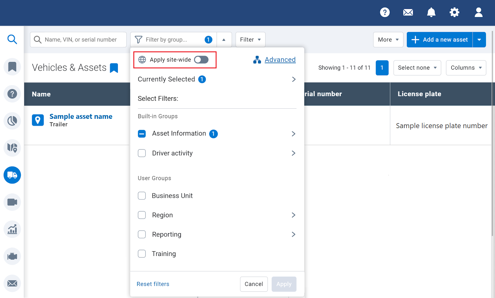 New Group filters on the Vehicle & Assets page.