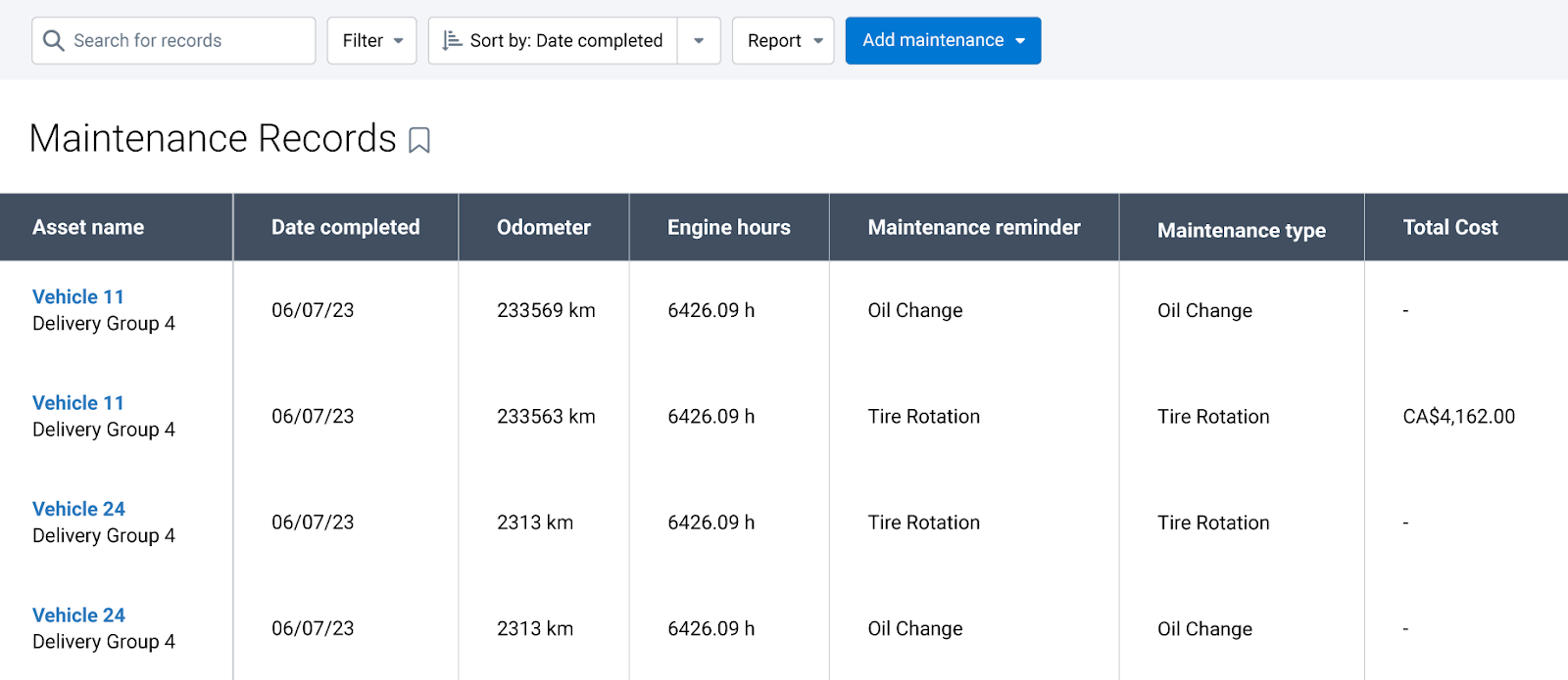 Maintenance Records page