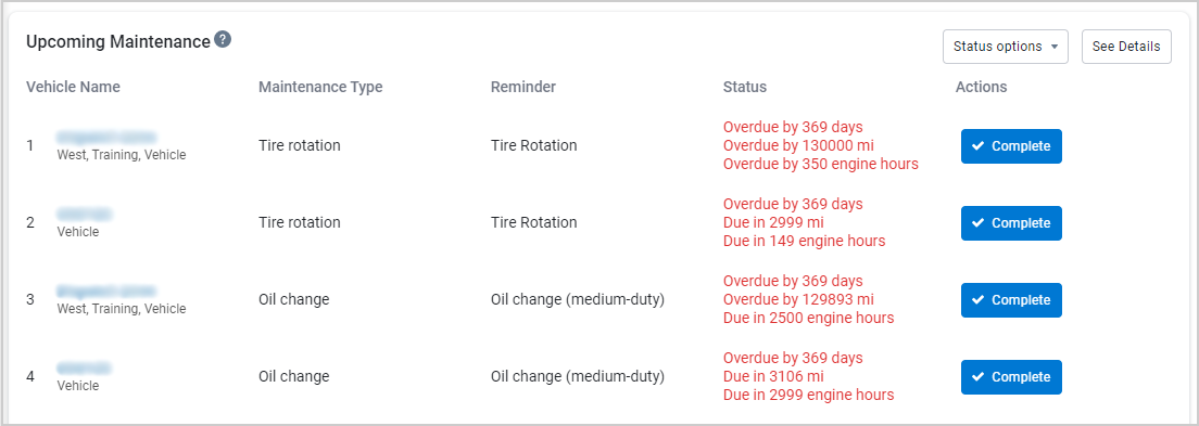 Upcoming Maintenance Page with sample asset maintenance details