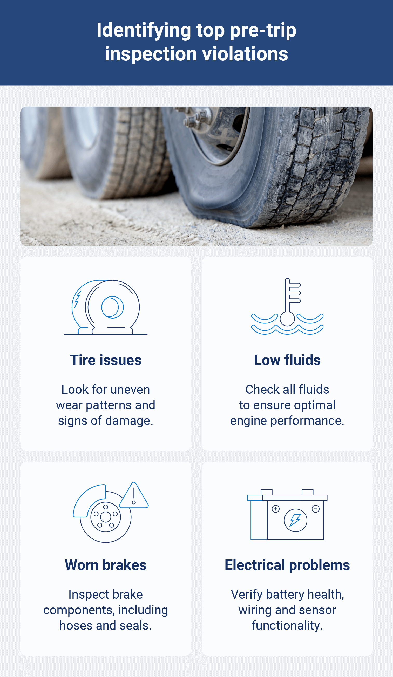 The most common issues found during vehicle inspections, including tire, fluid, brake and electrical problems.