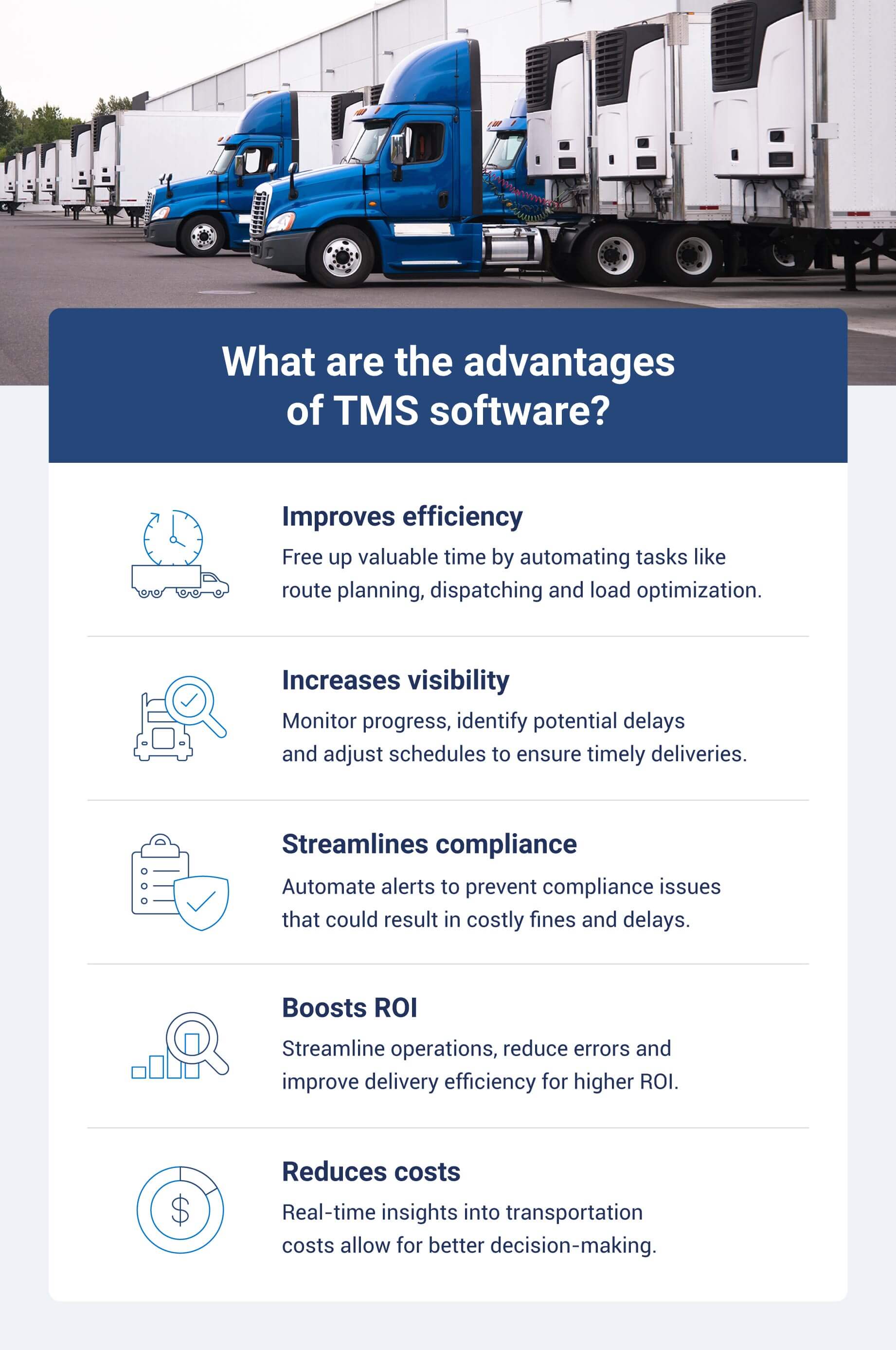 The 5 advantages of TMS software, including lowering costs, boosting ROI and streamlining compliance initiatives.
