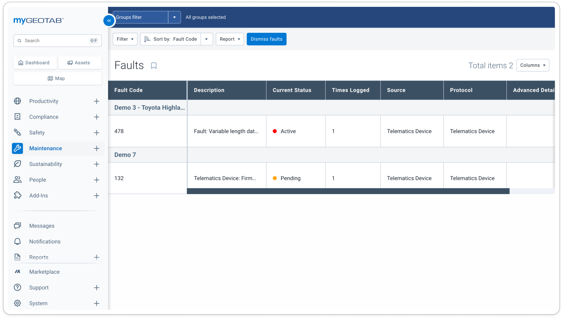 Previous Faults page