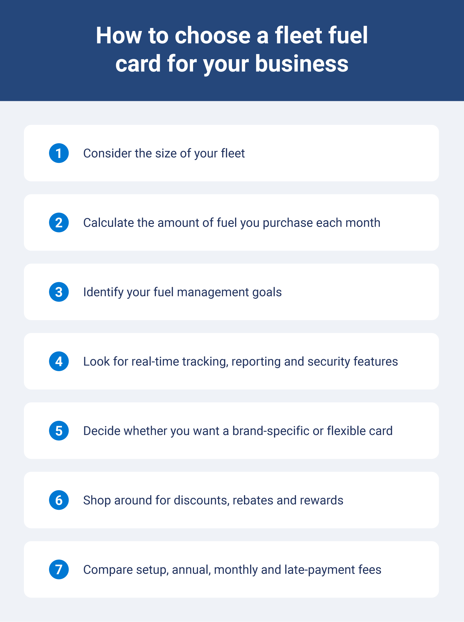 A list of seven considerations to help businesses choose a fleet fuel card.