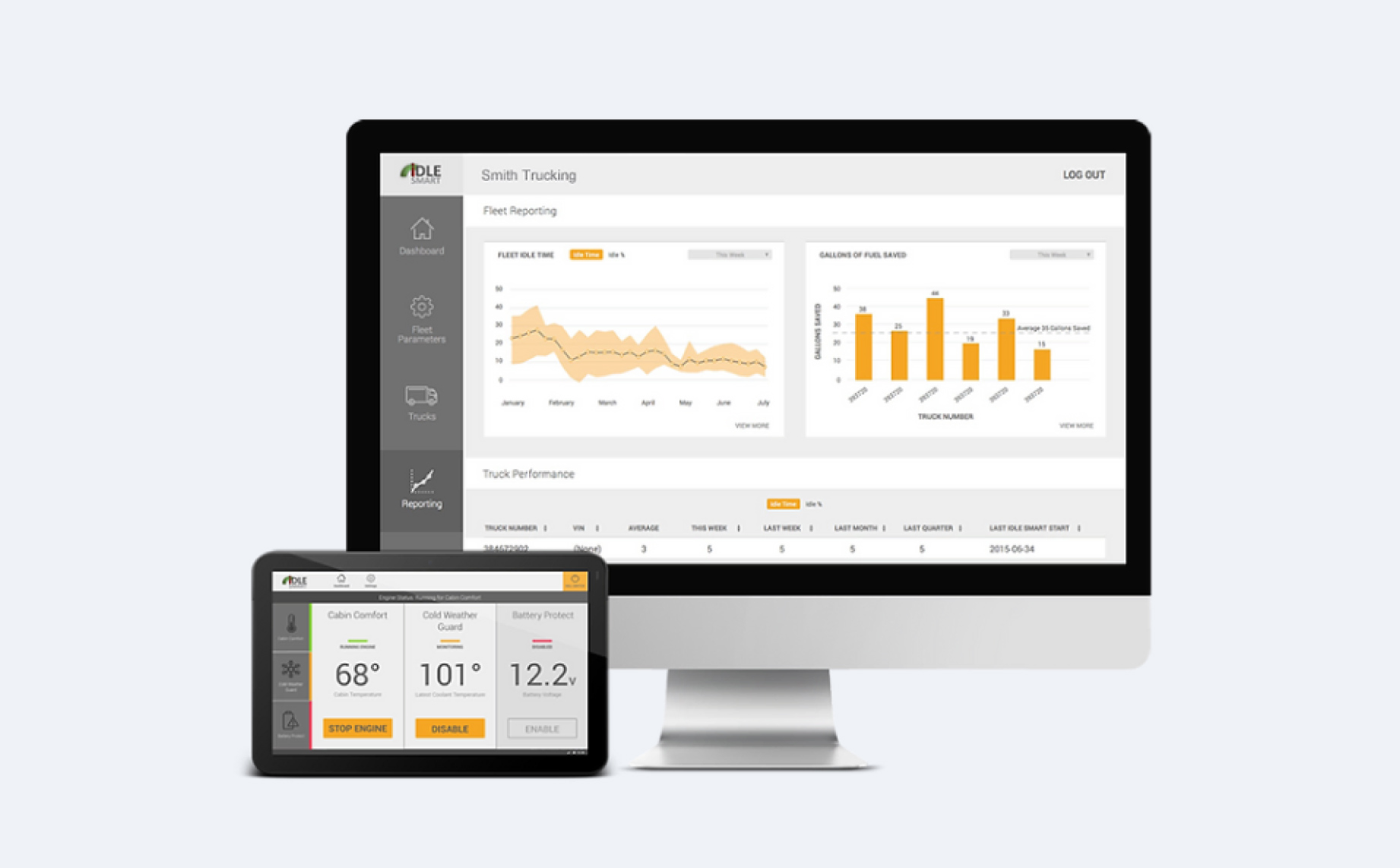 Screenshot of Idle Smart web app fleet reporting and cabin temperature control screens.