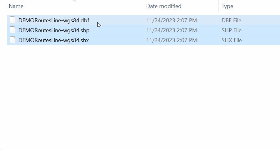 Once the shapefiles have been created, they can be uploaded to MyGeotab by compressing the data into a ZIP file, assigning vehicles, creating service groups and importing the ZIP file by bulk uploading routes.  Step 1: Compressing data files into a ZIP format:
