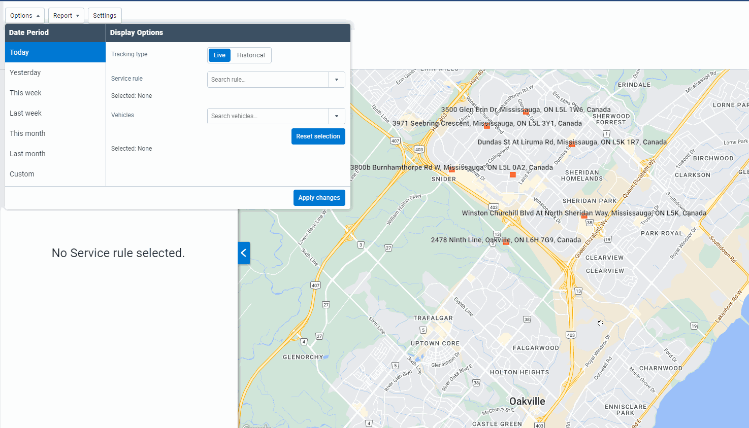 An example of transitioning from the Route Completion Report to the Live Route view.