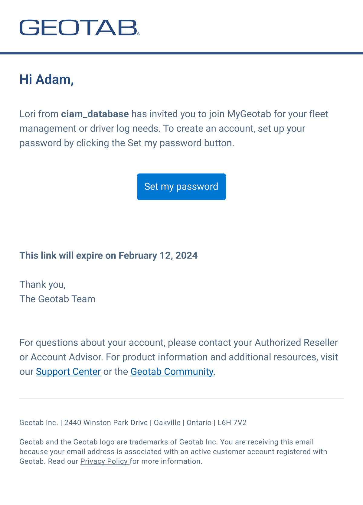 Geotab CIAM system invite email