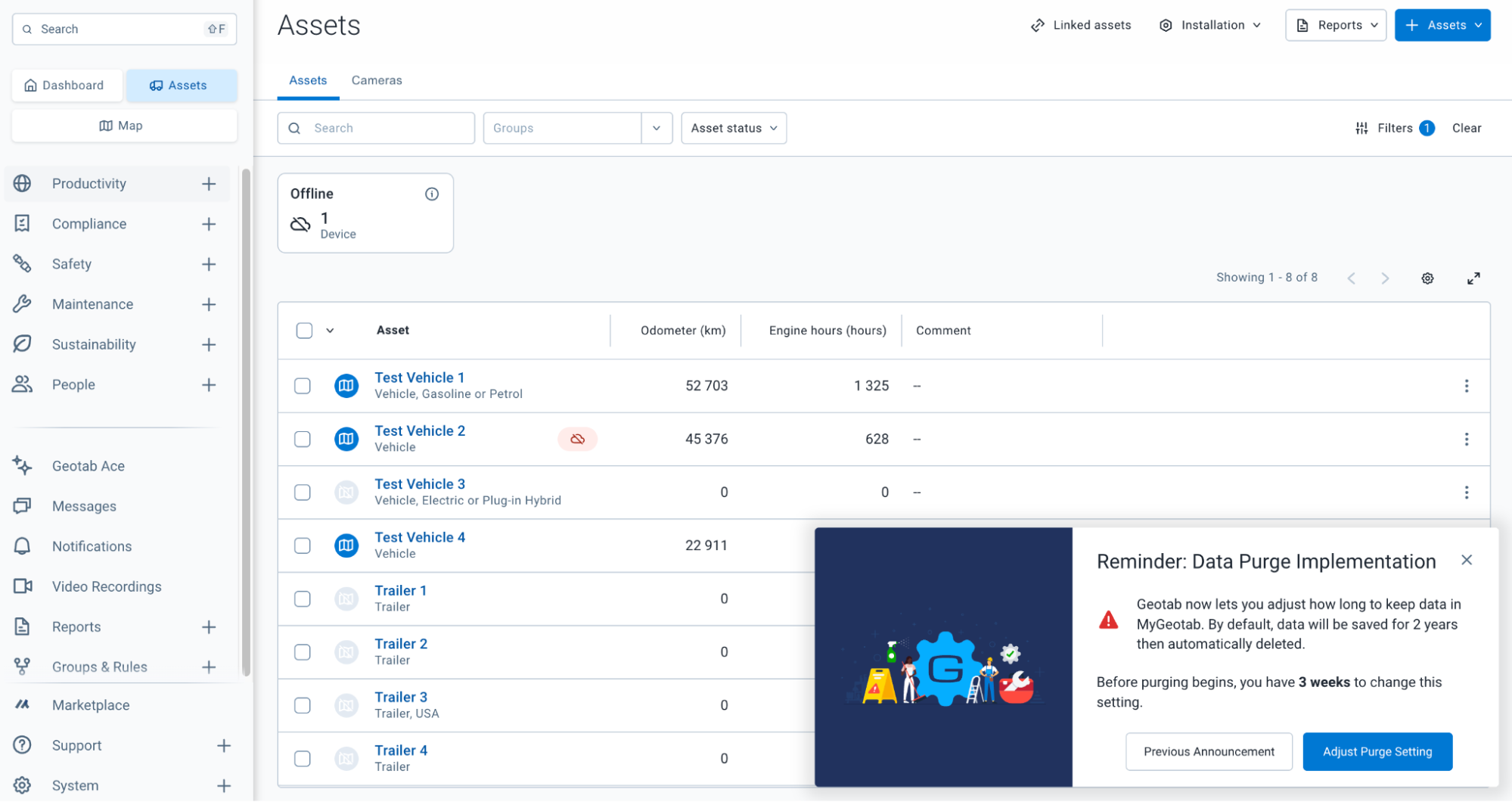 Data purge notification in the MyGeotab database with link to adjust the database Purge settings.