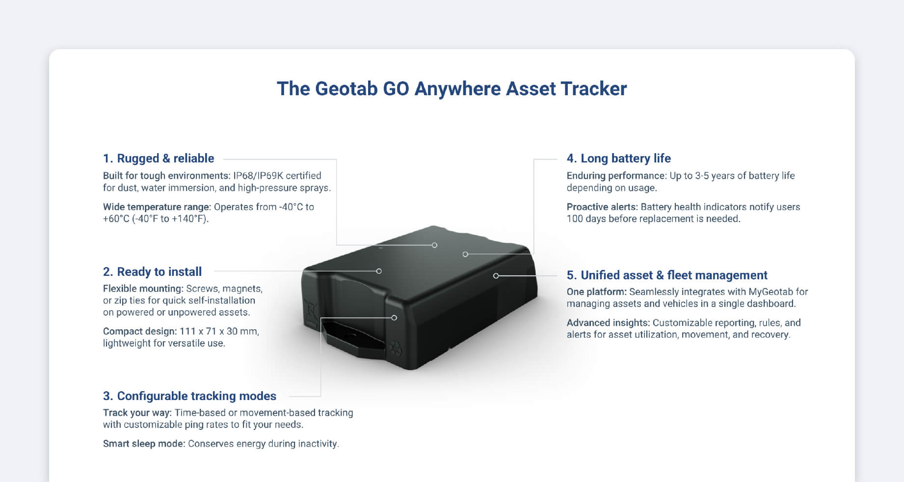 A photo of the Geotab GO Anywhere Asset Tracker.