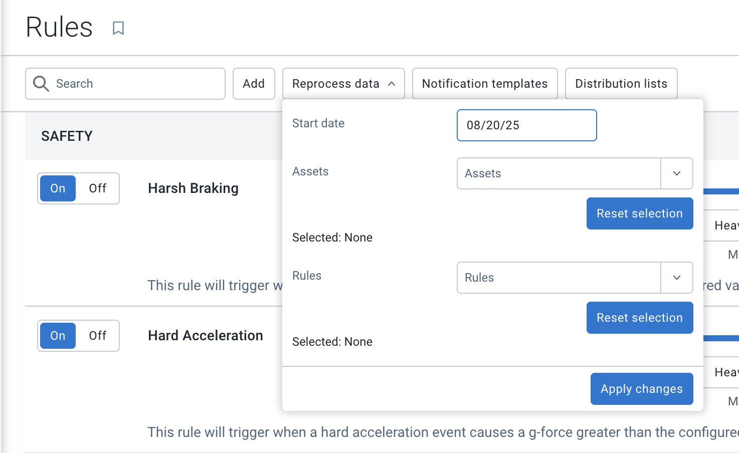 reprocess data dropdown in MyGeotab