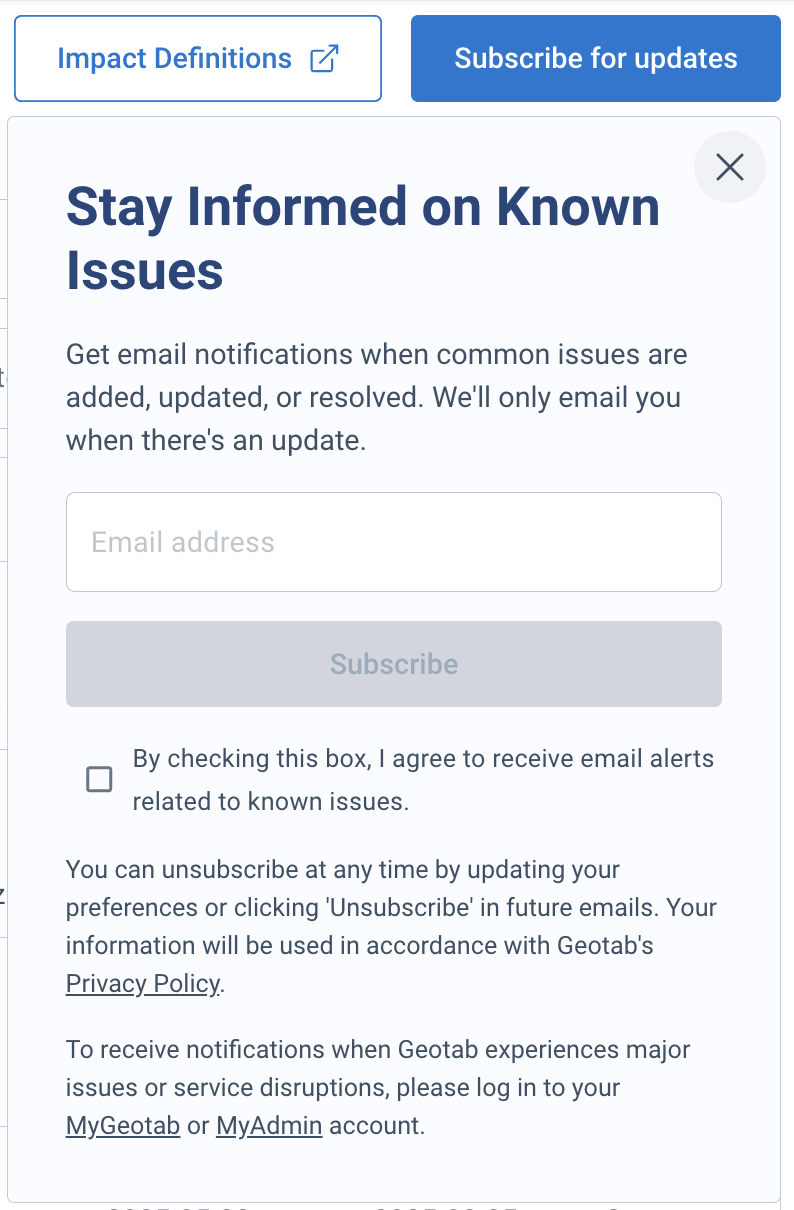 knowkn issues email subscription sign up in MyGeotab