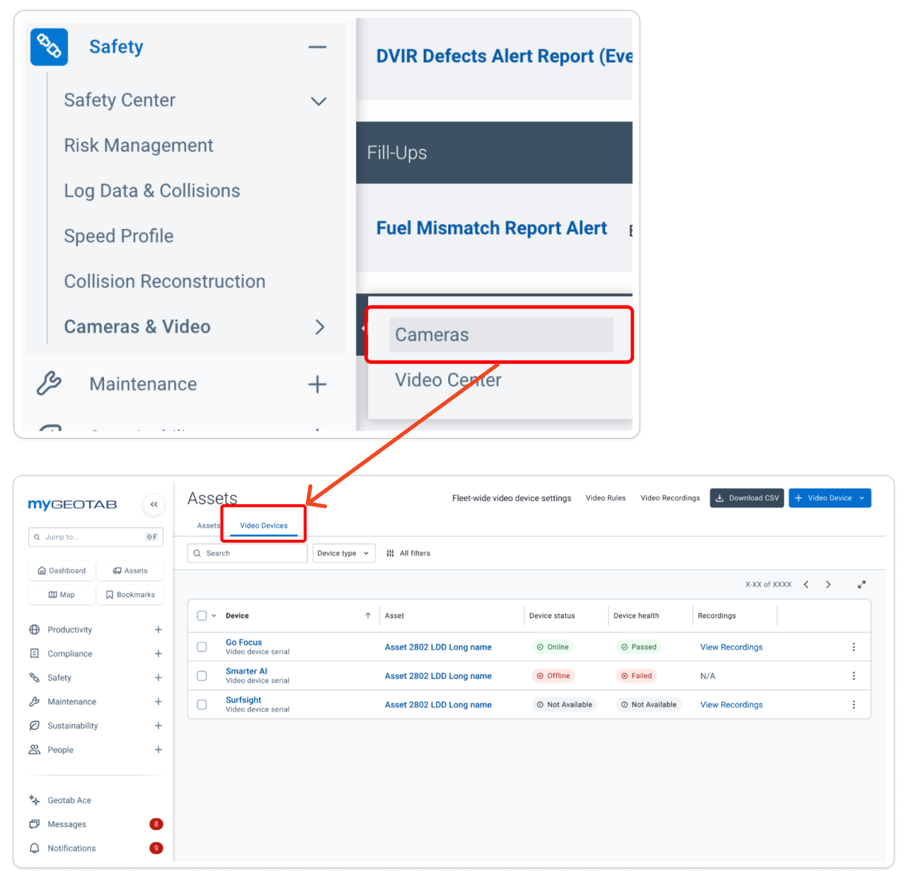 Assets page menu showing the Video Devices tab at the top of the page.
