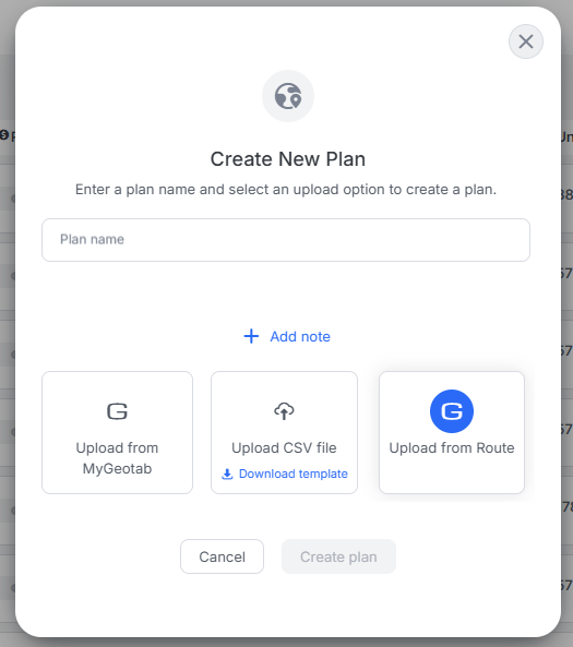 Create New Plan window with upload options