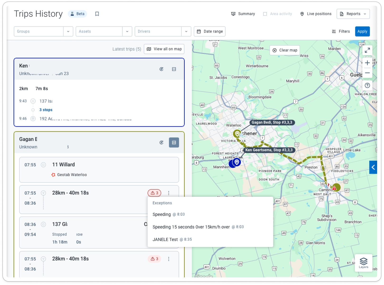 Beta Trips history page