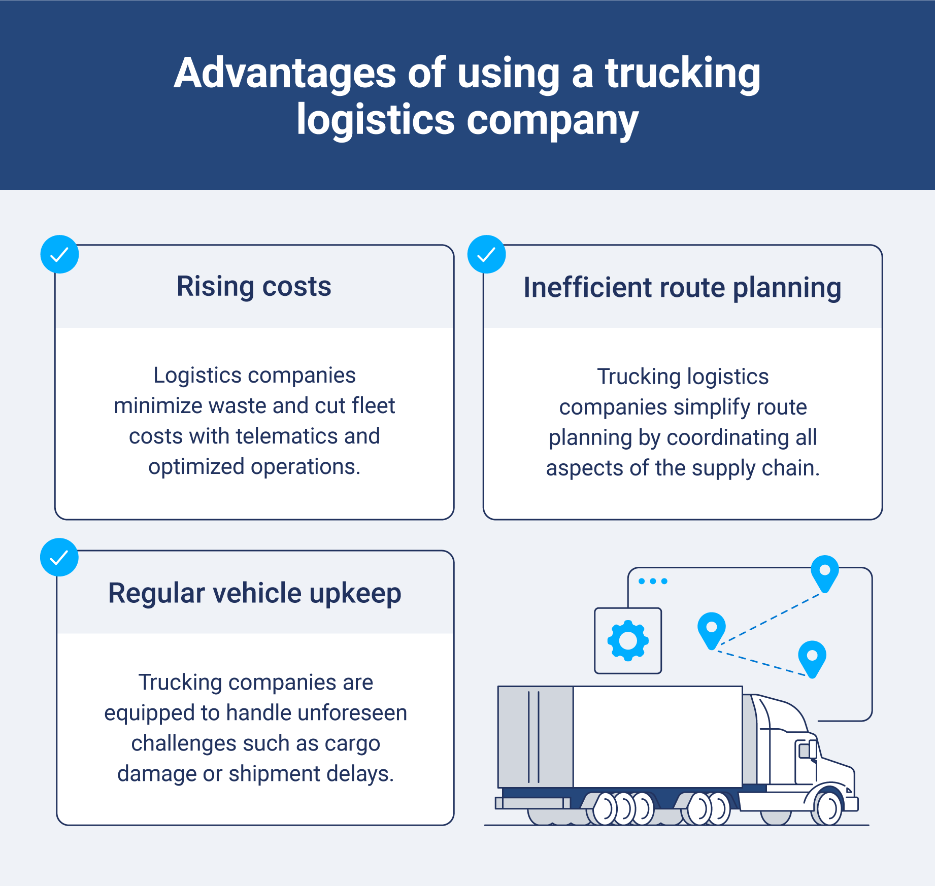 Key advantages of using a trucking logistics company including combating rising costs, inefficient route planning, and vehicle management.