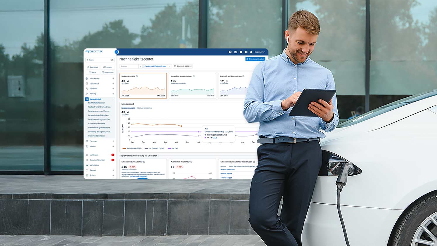Volle Kontrolle beim E-Laden: Geotab Nachhaltigkeitscenter auf dem Tablet