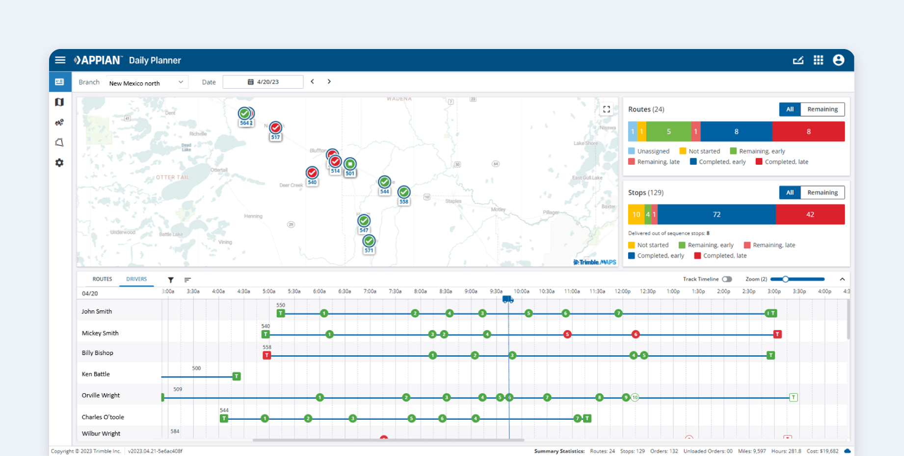 An Appian dashboard showing a daily planner for fleet vehicles.