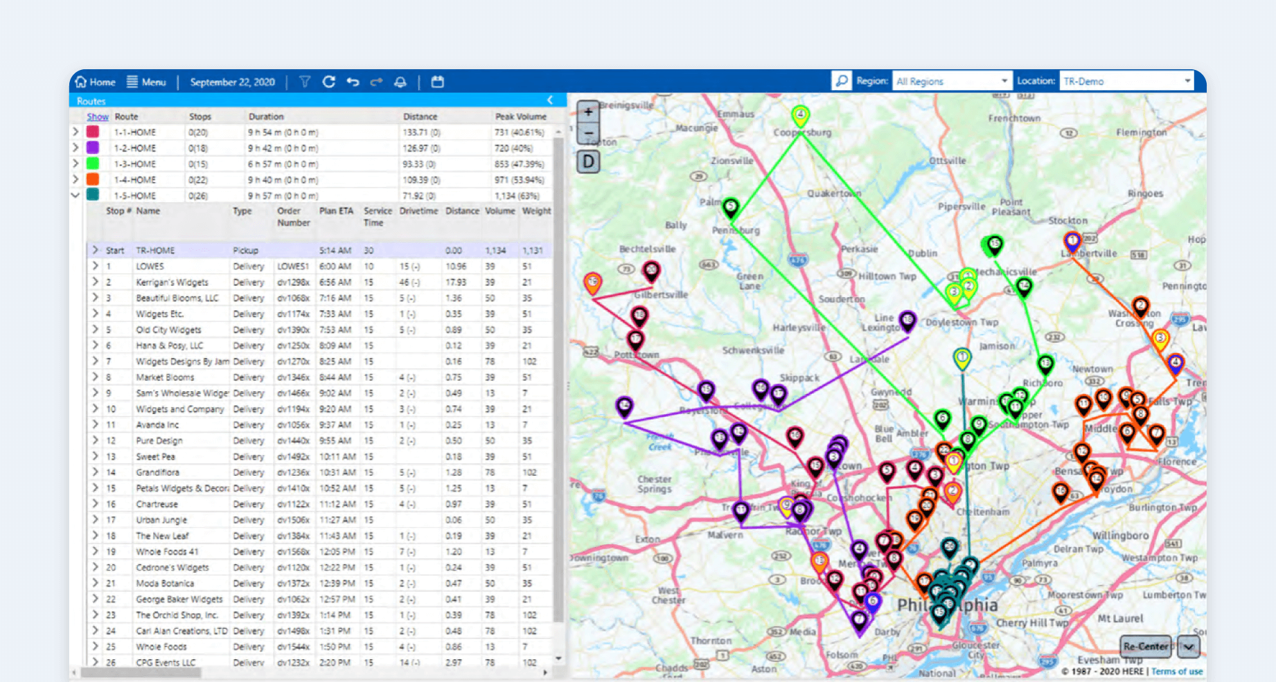 A Descartes dashboard shows a route plan for fleet vehicles.