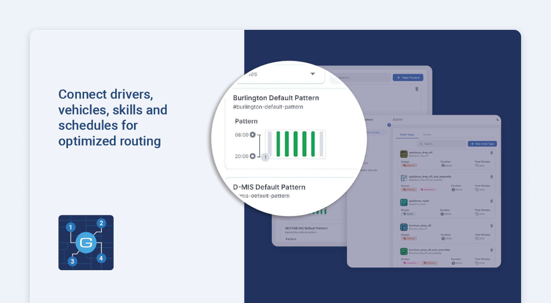 A Geotab dashboard shows a close-up of fleet vehicle diagnostics and drive pattern data.