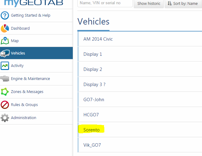 vehicles in mygeotab