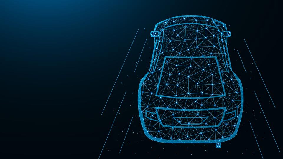 Blue connected car drawing on a black background