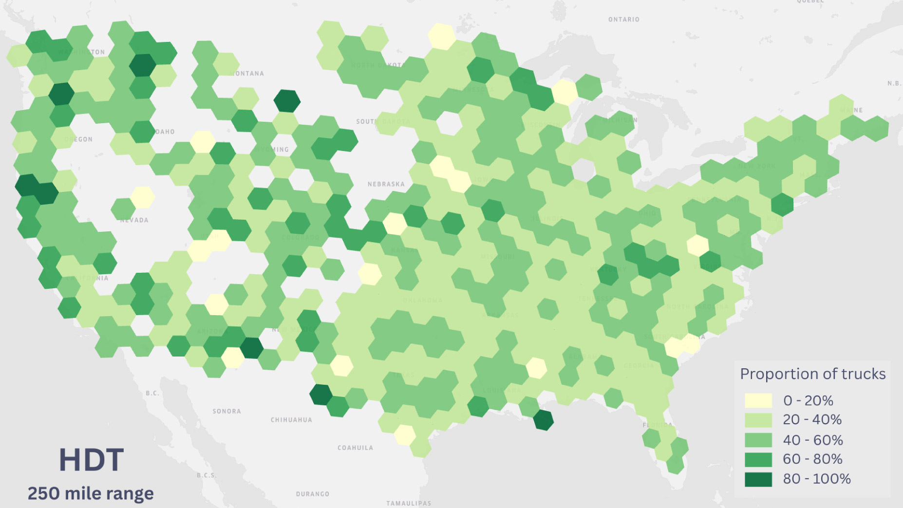 U.S. map of heavy-duty trucks that could be electrified given access to depot charging and 250-mile range electric trucks 
