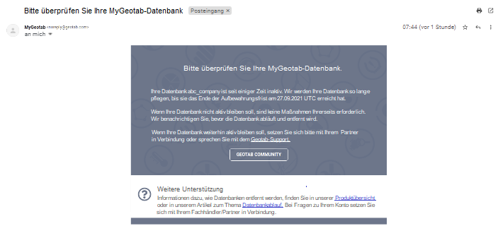 In dieser Version wird eine MyGeotab-Datenbank nach zwei Jahren Inaktivität dauerhaft gelöscht. Inaktivität wird durch die folgenden Bedingungen definiert: