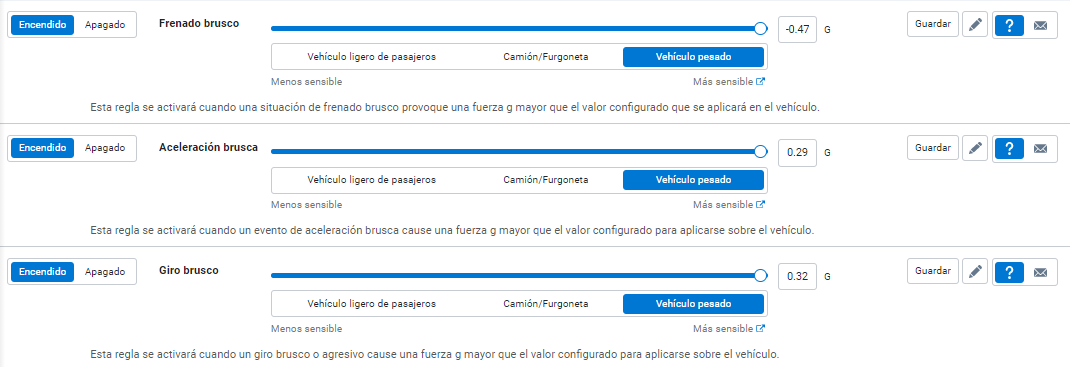 Configuración de información del conductor del acelerómetro establecida en la más sensible (vehículo pesado).