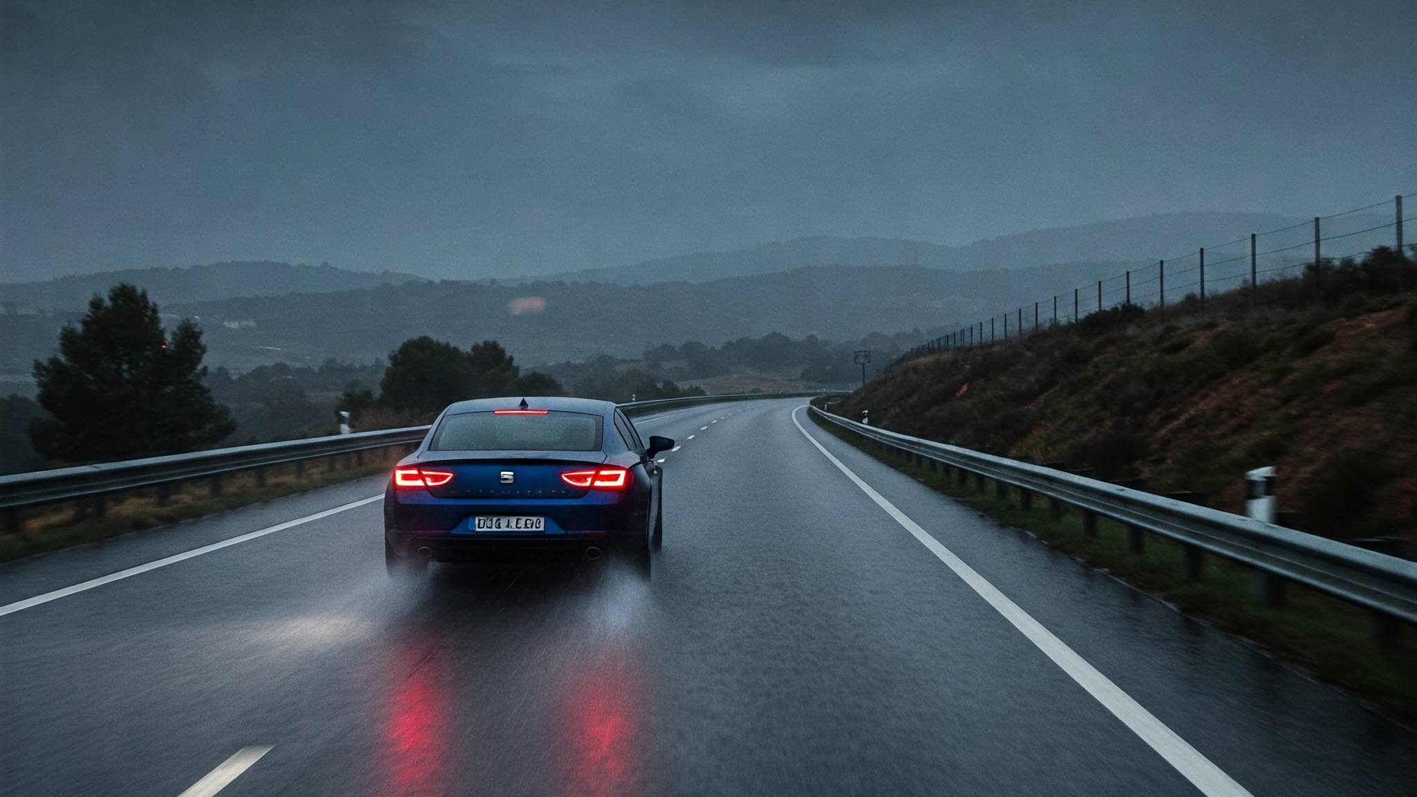 coche en autopista bajo la lluvia