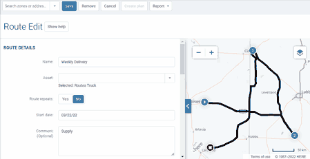 Detalles de la ruta Entrega semanal y paradas en el mapa en MyGeotab