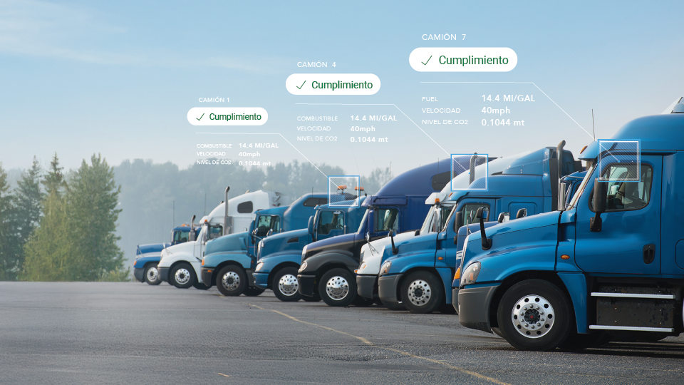 Una fila de camiones azules estacionados en un área de descanso con árboles de fondo. Tres cuadros de texto sobre la imagen indican "Cumplimiento" con palabras de combustible, velocidad y nivel de CO2.