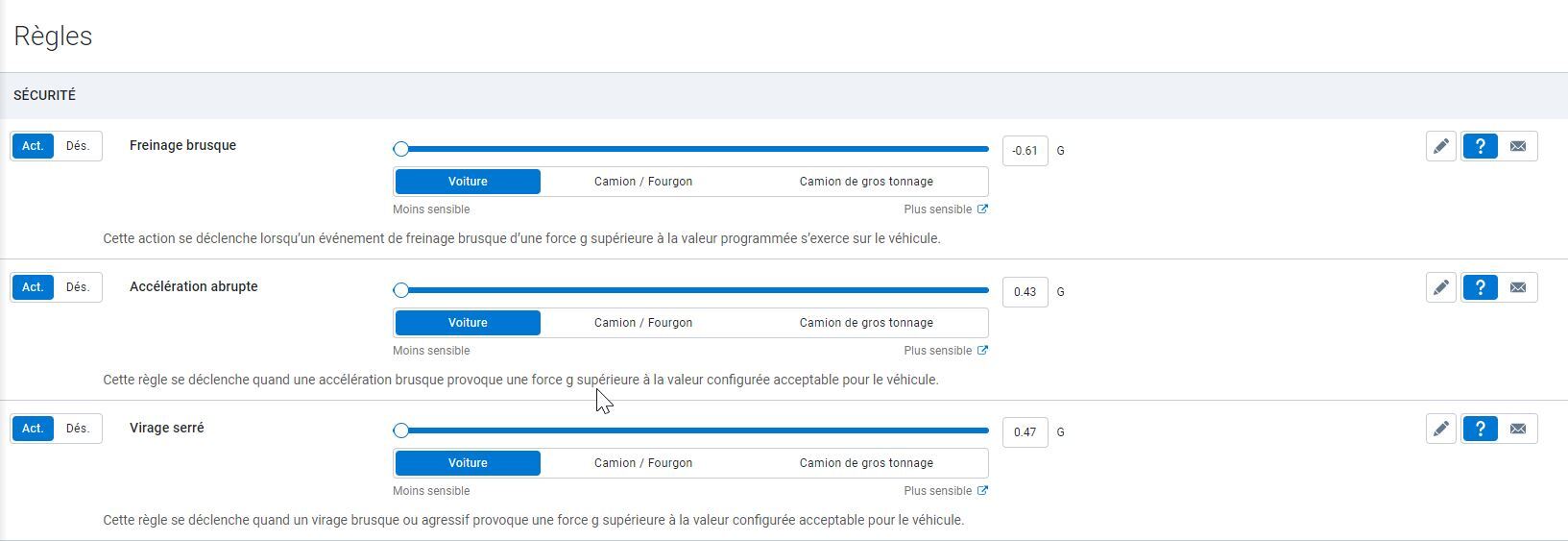Règles d’exception personnalisables pour le freinage, l'accélération et les virages serrés dans MyGeotab.&nbsp; 