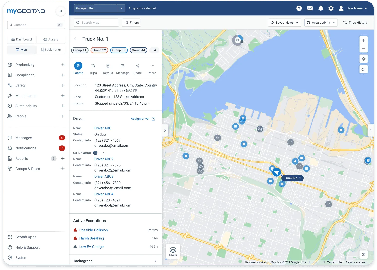Gestion de flotte avec suivi des véhicules en temps réel sur une carte