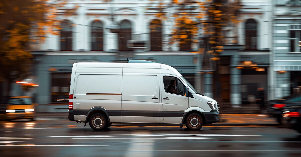 Fourgon blanc stationné en ville et en cours de livraisons de marchandises.