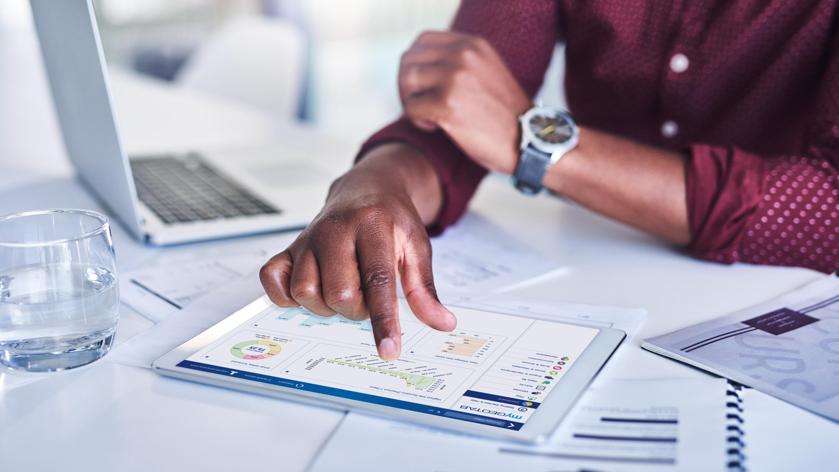 User browsing MyGeotab dashboards on a tablet