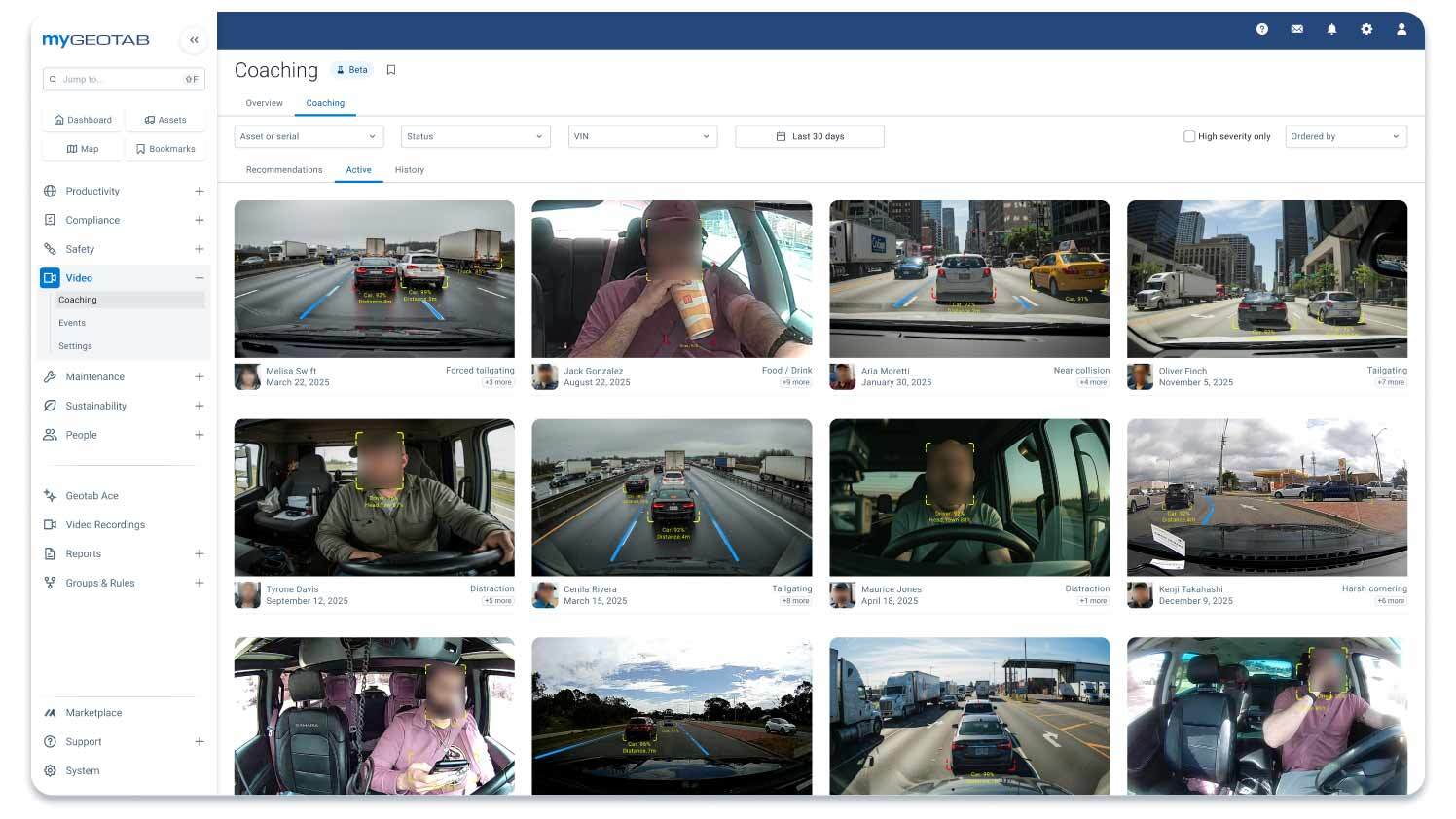 dashboard con i dati delle dashcam