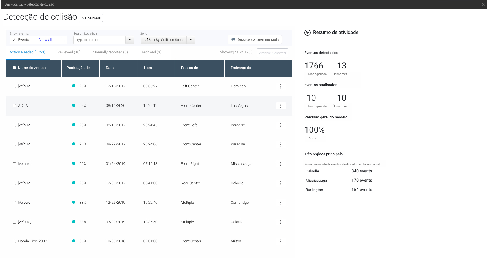 Interface do usuário no aplicativo de detecção de colisão mostrando eventos de colisão detectados.