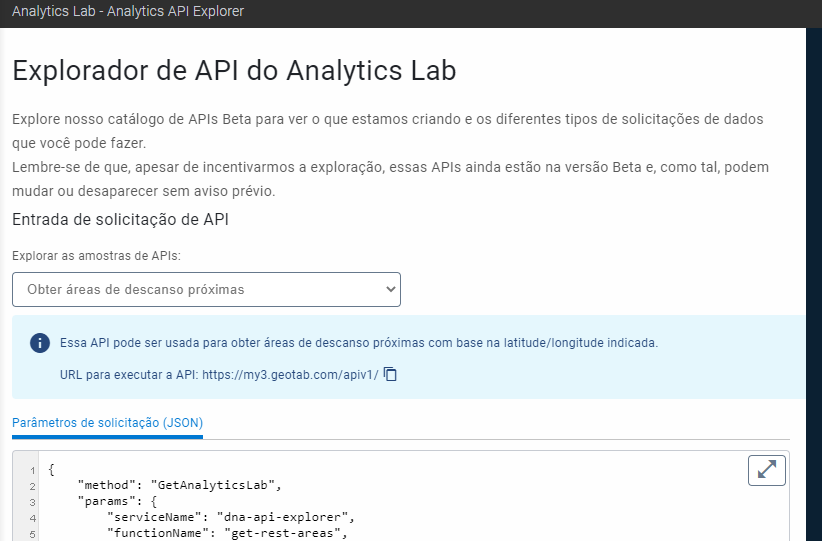 Interface do usuário do aplicativo Explorador de API mostrando APIs de áreas de descanso próximas.