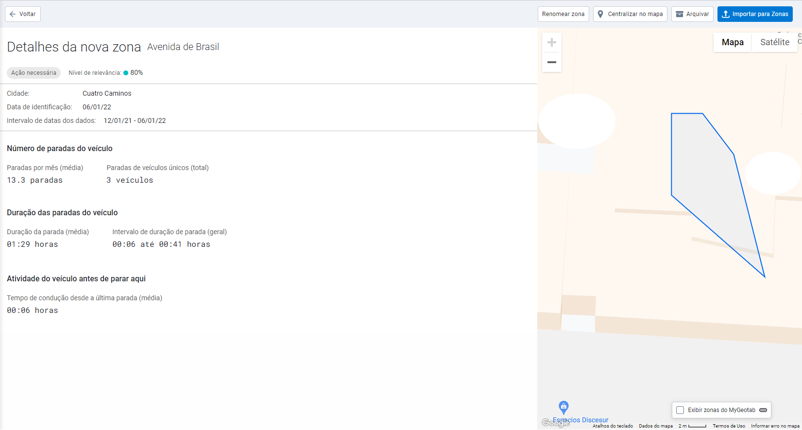 Interface do usuário do aplicativo de zoneamento inteligente mostrando visualizações de mapas de zonas de frota.