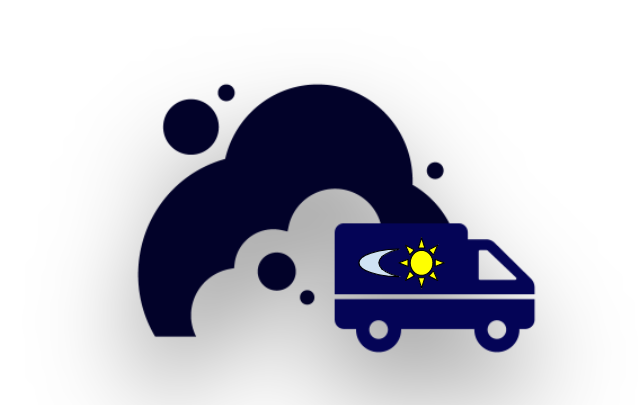 Ilustração de uma van azul com ícones de lua e sol ao lado, representando dia e noite. Atrás da van, há uma grande nuvem escura com círculos menores ao redor, sugerindo poluição ou emissão de gases.