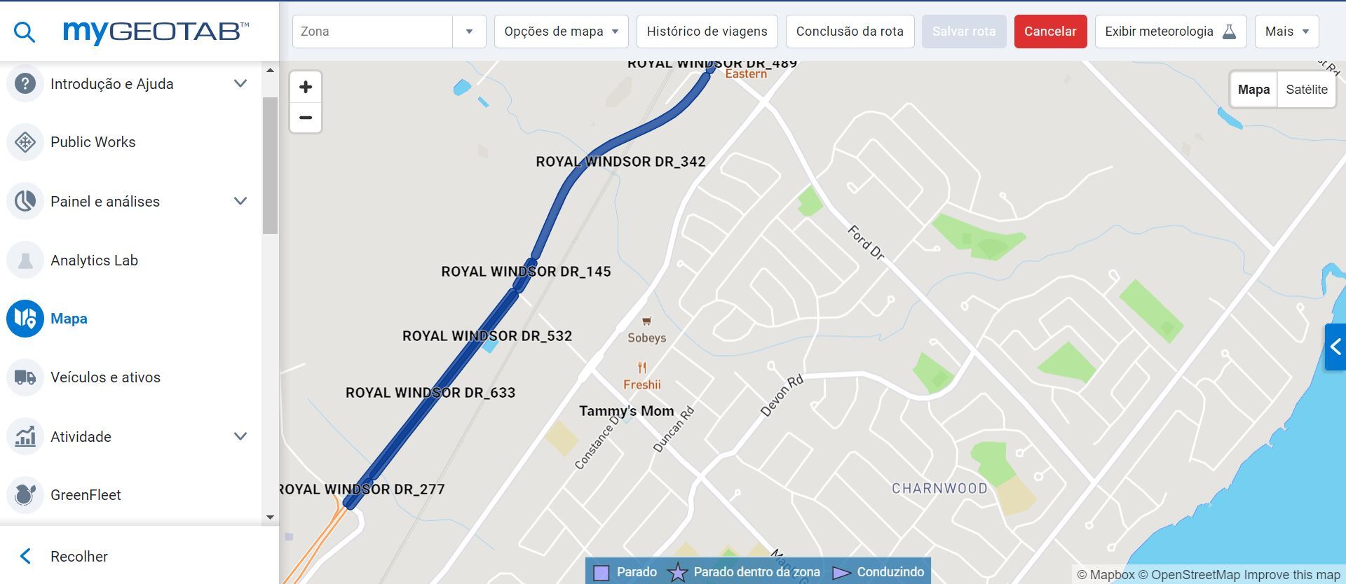 Uma olhada no mapeamento de rotas no MyGeotab.